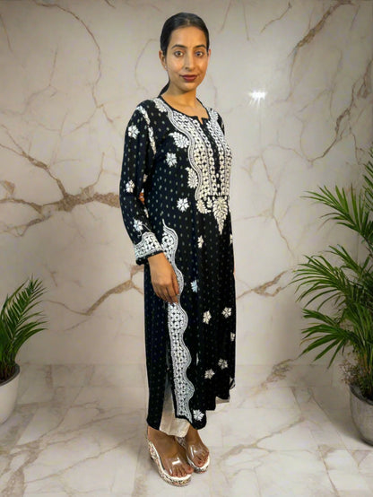 Lucknowi Chikankari Black Rayon Kurti-K000088