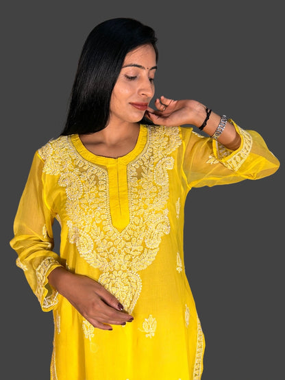 Lucknowi Chikankari Yellow 'Sunehri' Georgette Kurti-K000052