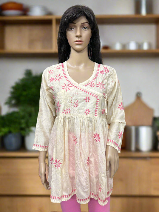 Lucknowi Chikankari Fawn Chanderi Angrakha Styled Short Kurti-T50021