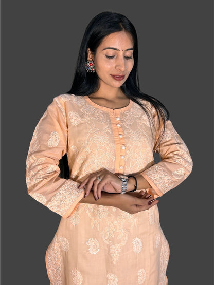 Lucknowi Chikankari Orange 'Narangi' Cotton Kurti-K000058