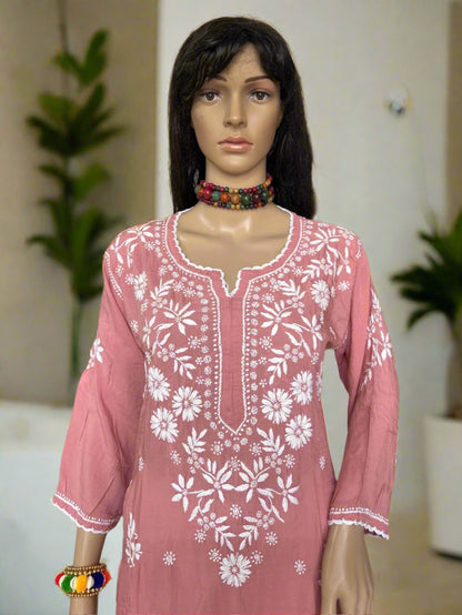 Lucknowi Chikankari Pinkish Mauve Modal Kurti-K000120