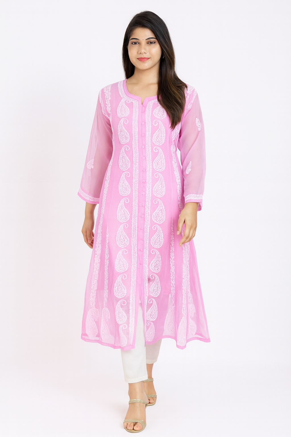 Lucknow Chikankari Pink 'Shagufta' Georgette Anarkali-K000004