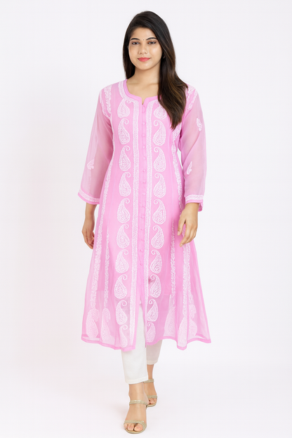 Lucknow Chikankari Pink 'Shagufta' Georgette Anarkali-K000004