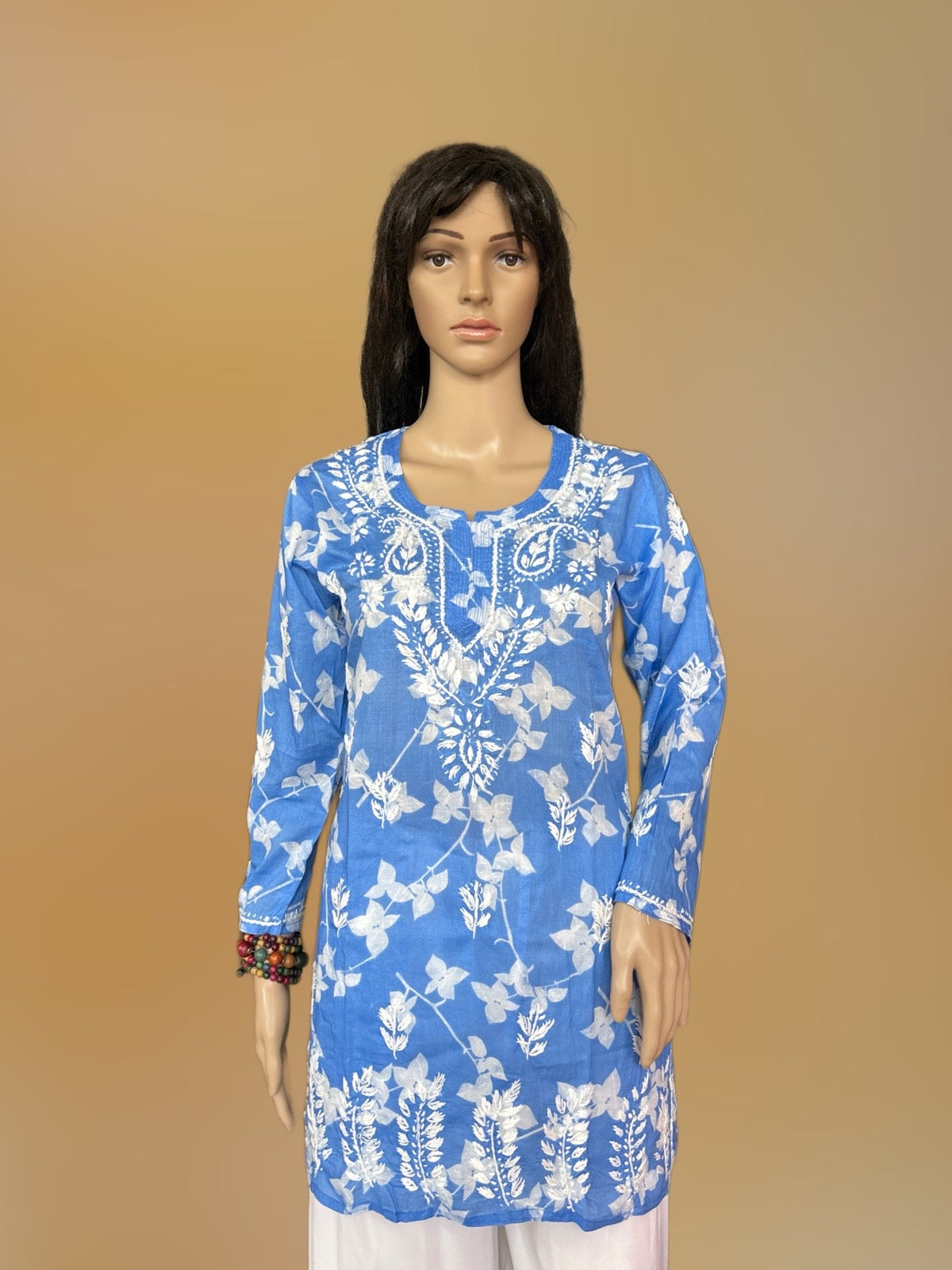Lucknowi Chikankari Blue 'Aab-e-Asmaan' Printed Cotton Short Kurti-T000016