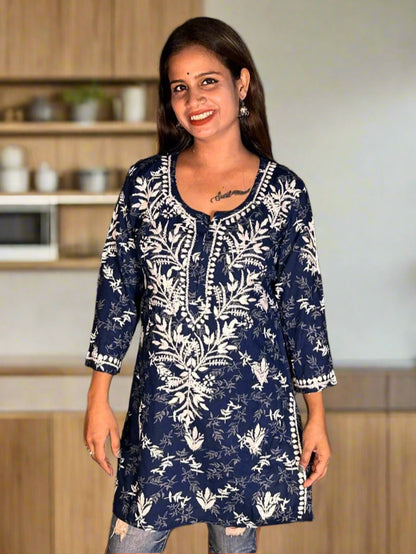 Lucknowi Chikankari Navy Blue Printed Rayon Short Kurti-T000002