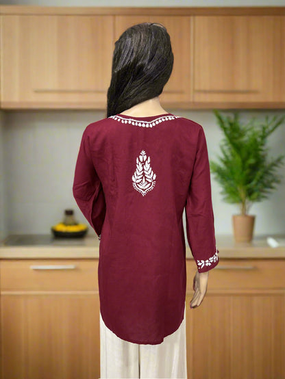 Lucknowi Chikankari Maroon Modal Short Kurti-T000047