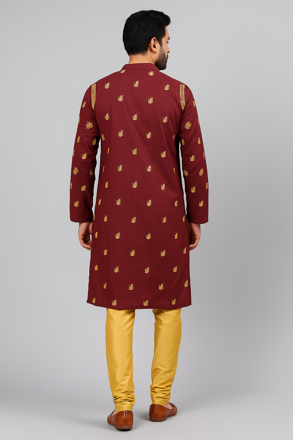 Lucknowi Chikankari Maroon ' Shafaq' Cotton Gents Kurta-GK00003