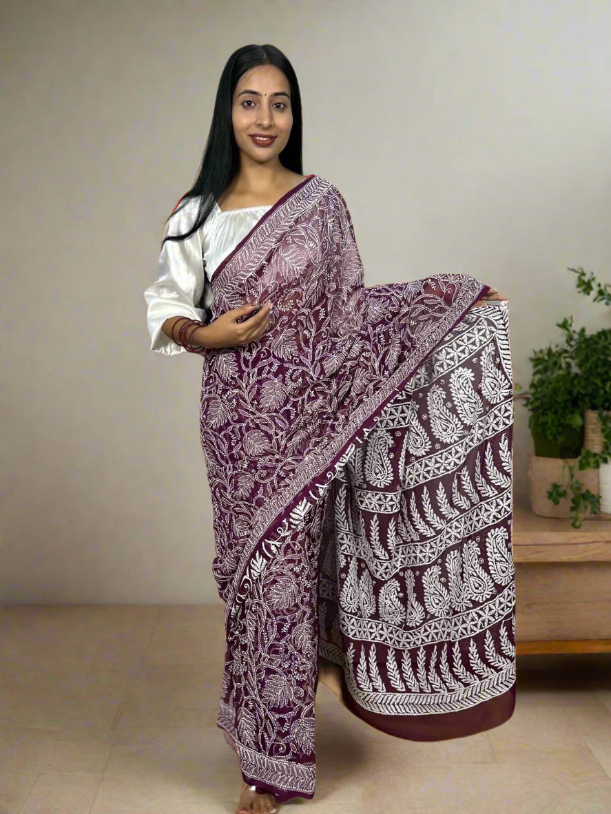 Lucknowi Chikankari Wine Georgette Saree (With Blouse)-PF100005