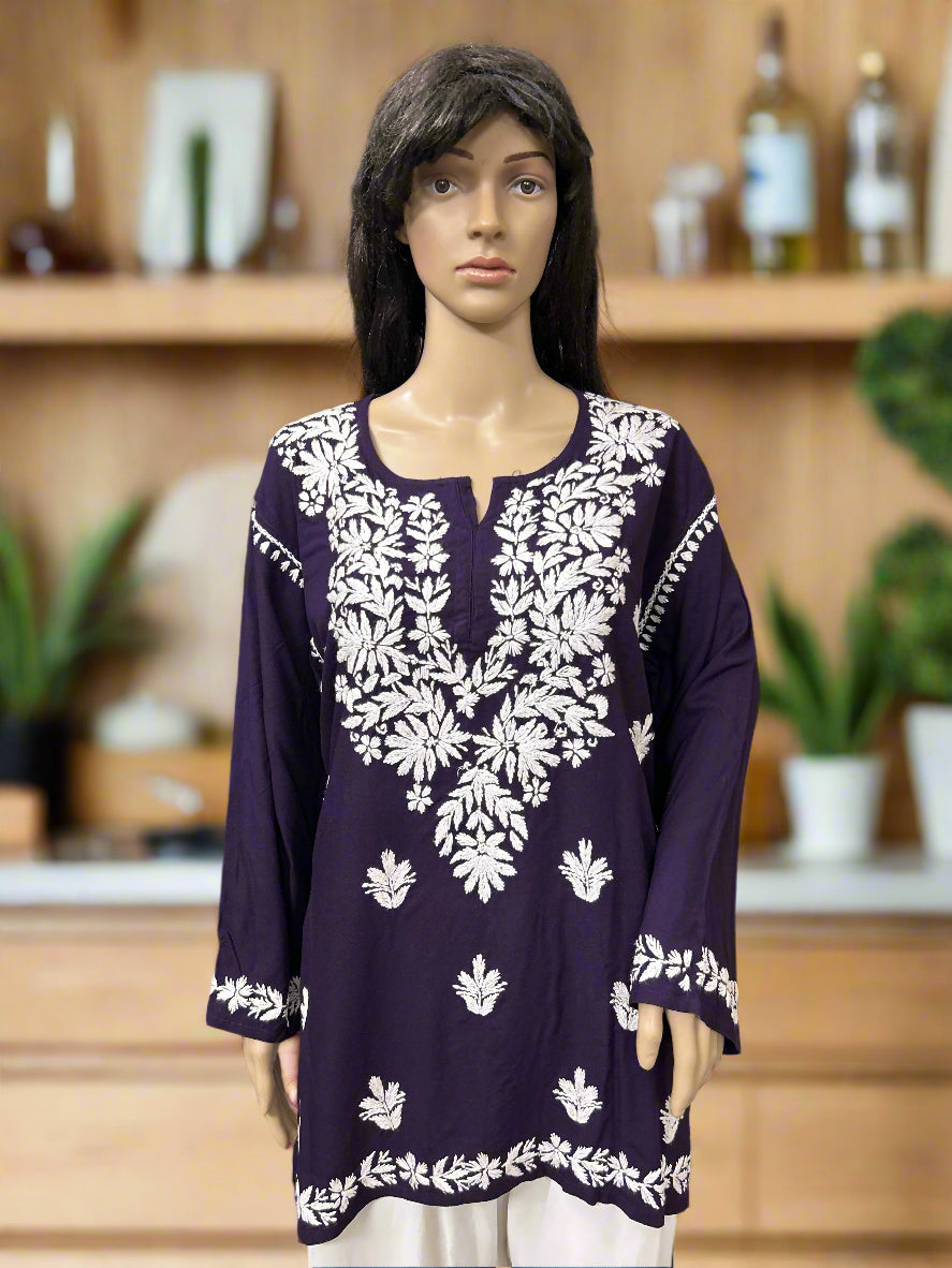 Lucknowi Chikankari Purple Rayon Short Kurti-T60003