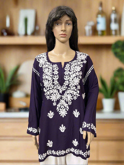 Lucknowi Chikankari Purple Rayon Short Kurti-T60003