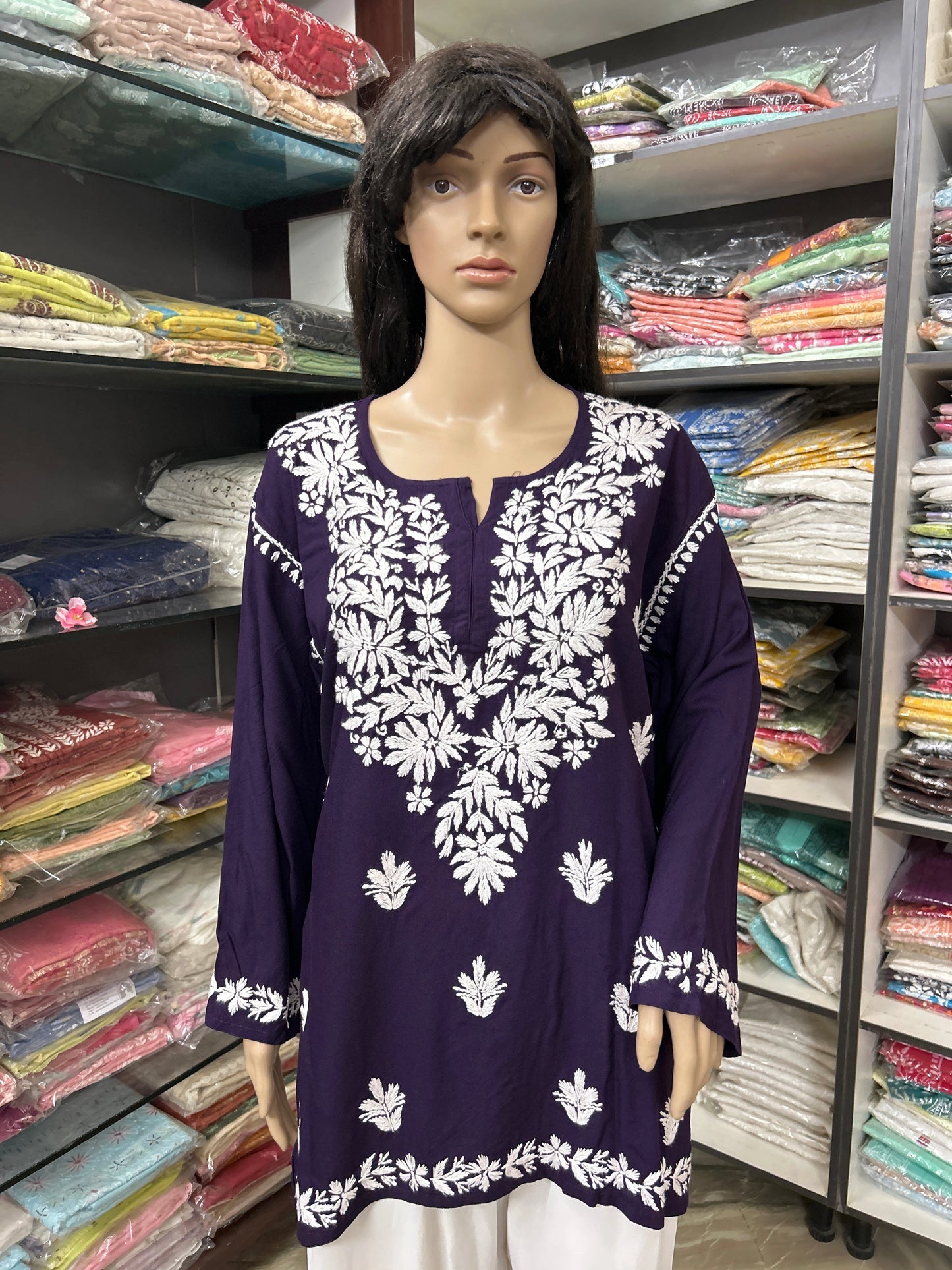 Lucknowi Chikankari Purple 'Jamuni' Rayon Short Kurti-T60003