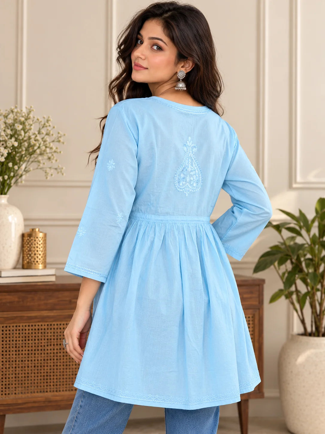 Lucknowi Chikankari Women Blue 'Aab-e-Asmaan' Cotton Angrakha Styled Short Kurti
