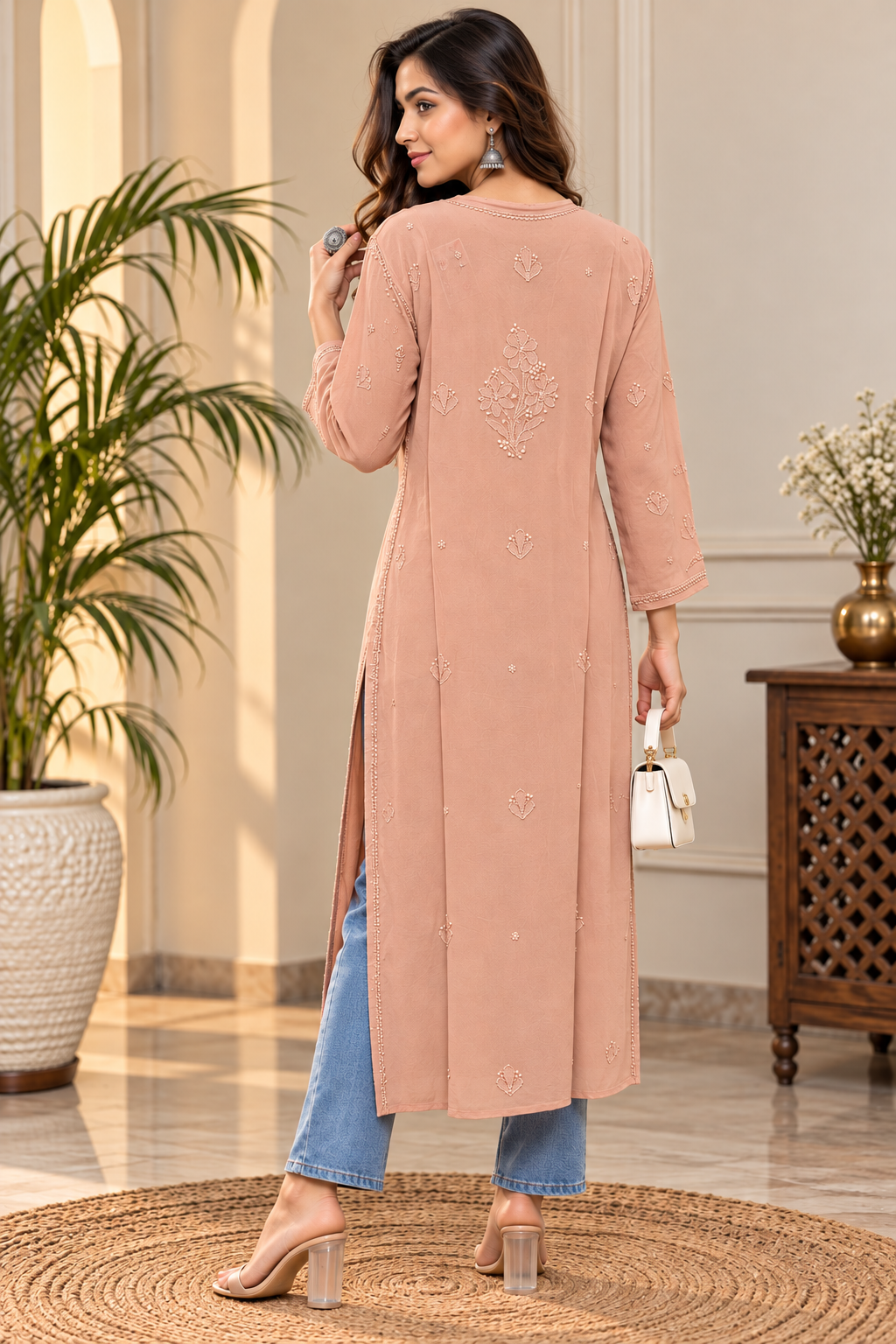 Lucknowi Chikankari Women's Brown 'Rang-e-Mitti' Viscose Kurta