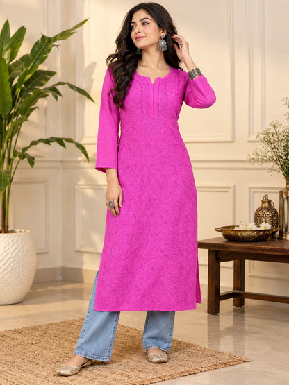 Lucknowi Chikankari Women's Magenta 'Shagufta' Viscose Kurta
