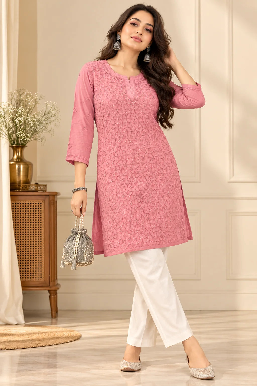 Lucknowi Chikankari Women Peach 'Aarooi' Viscose Short Kurti