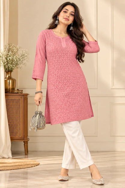 Lucknowi Chikankari Women Peach 'Aarooi' Viscose Short Kurti
