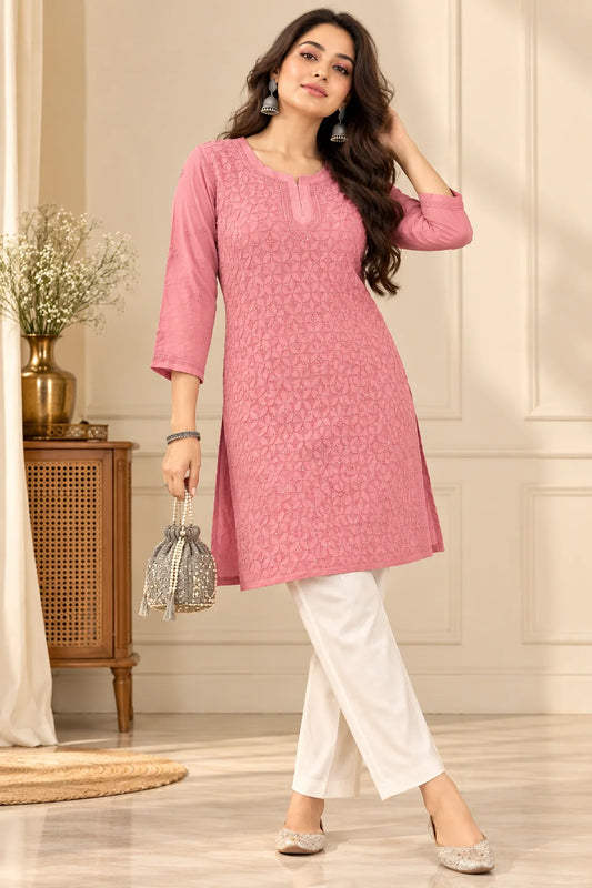 Lucknowi Chikankari Women Peach 'Aarooi' Viscose Short Kurti
