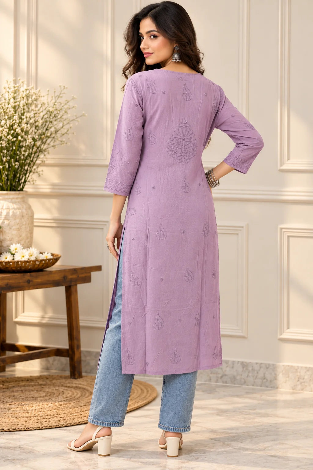 Lucknowi Chikankari Women's Mauve 'Jamuni' Viscose Kurta