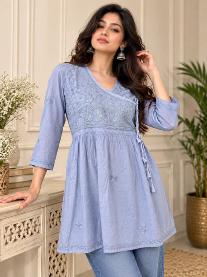 Lucknowi Chikankari Women Grey 'Dhoondhla' Cotton Angrakha Styled Short Kurti