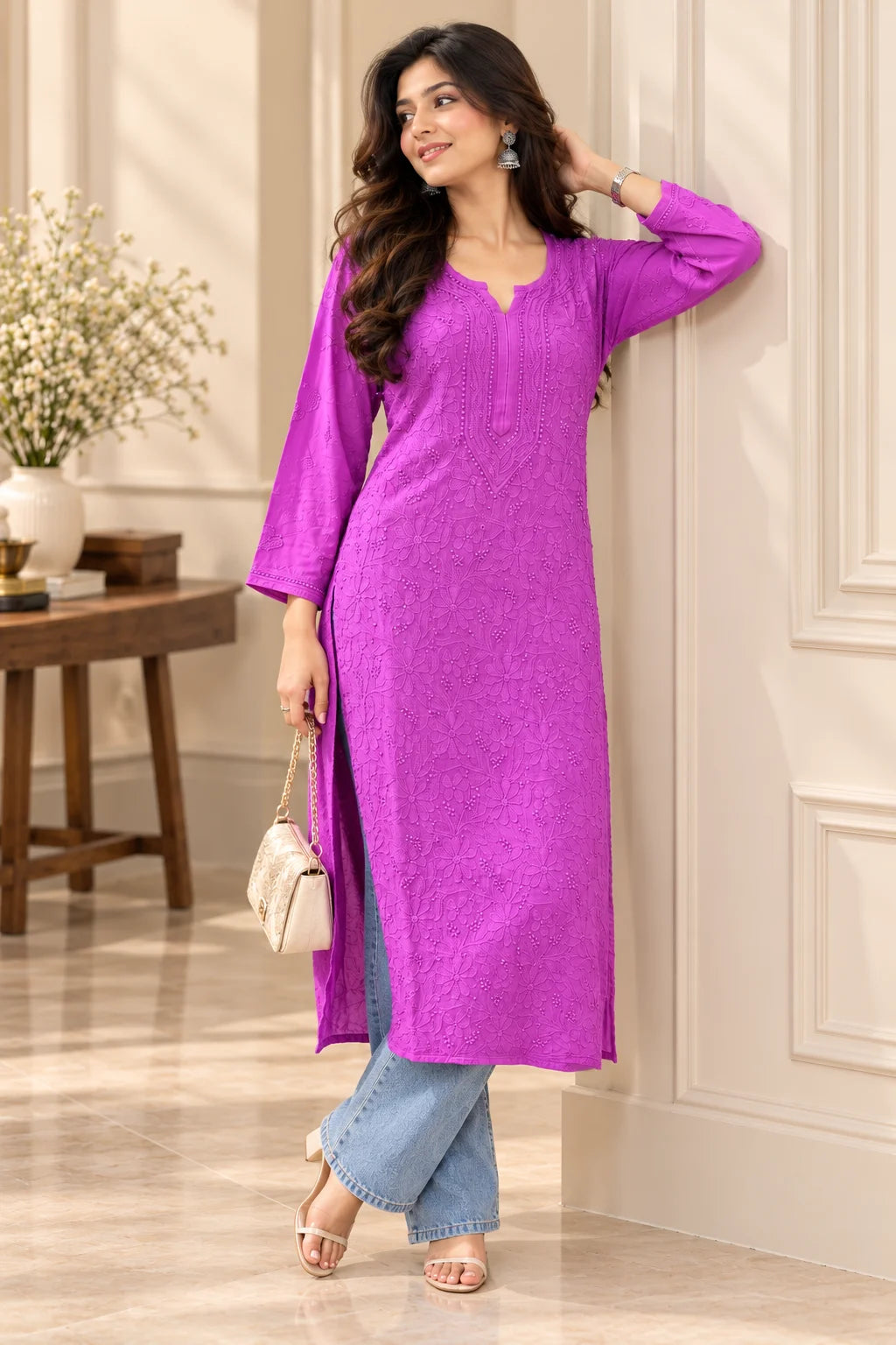 Lucknowi Chikankari Women's Lilac Magenta 'Shagufta' Viscose Kurta
