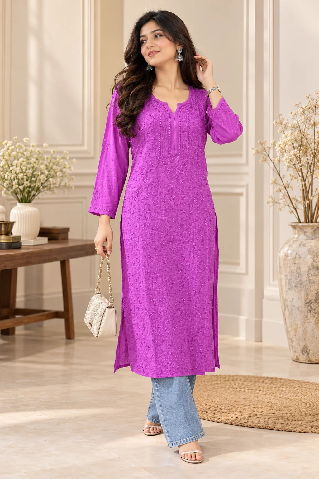 Lucknowi Chikankari Women's Lilac Magenta 'Shagufta' Viscose Kurta