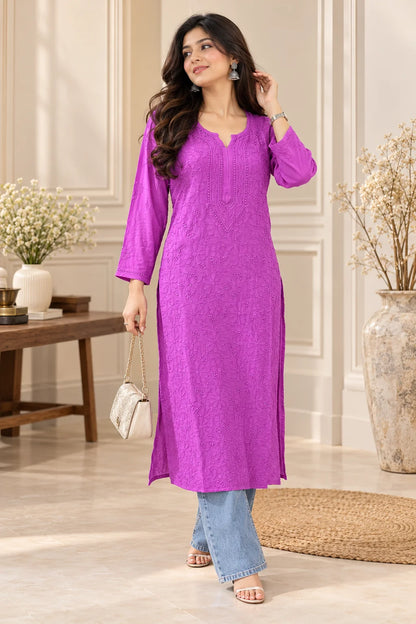Lucknowi Chikankari Women's Lilac Magenta 'Shagufta' Viscose Kurta