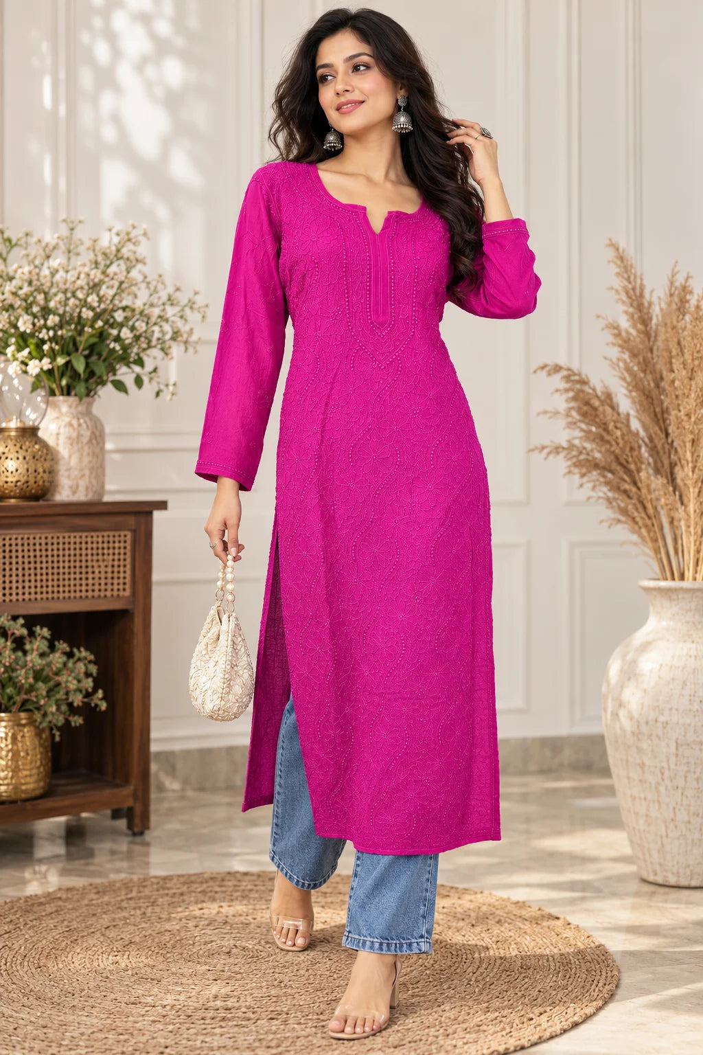 Lucknowi Chikankari Women's Magenta 'Shagufta' Viscose Kurta