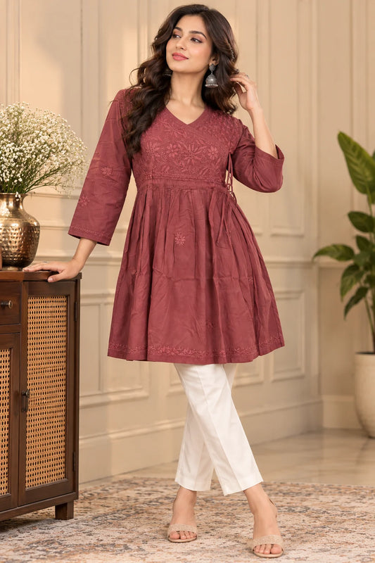 Lucknowi Chikankari Women Brown 'Rang-e-Mitti' Cotton Angrakha Styled Short Kurti