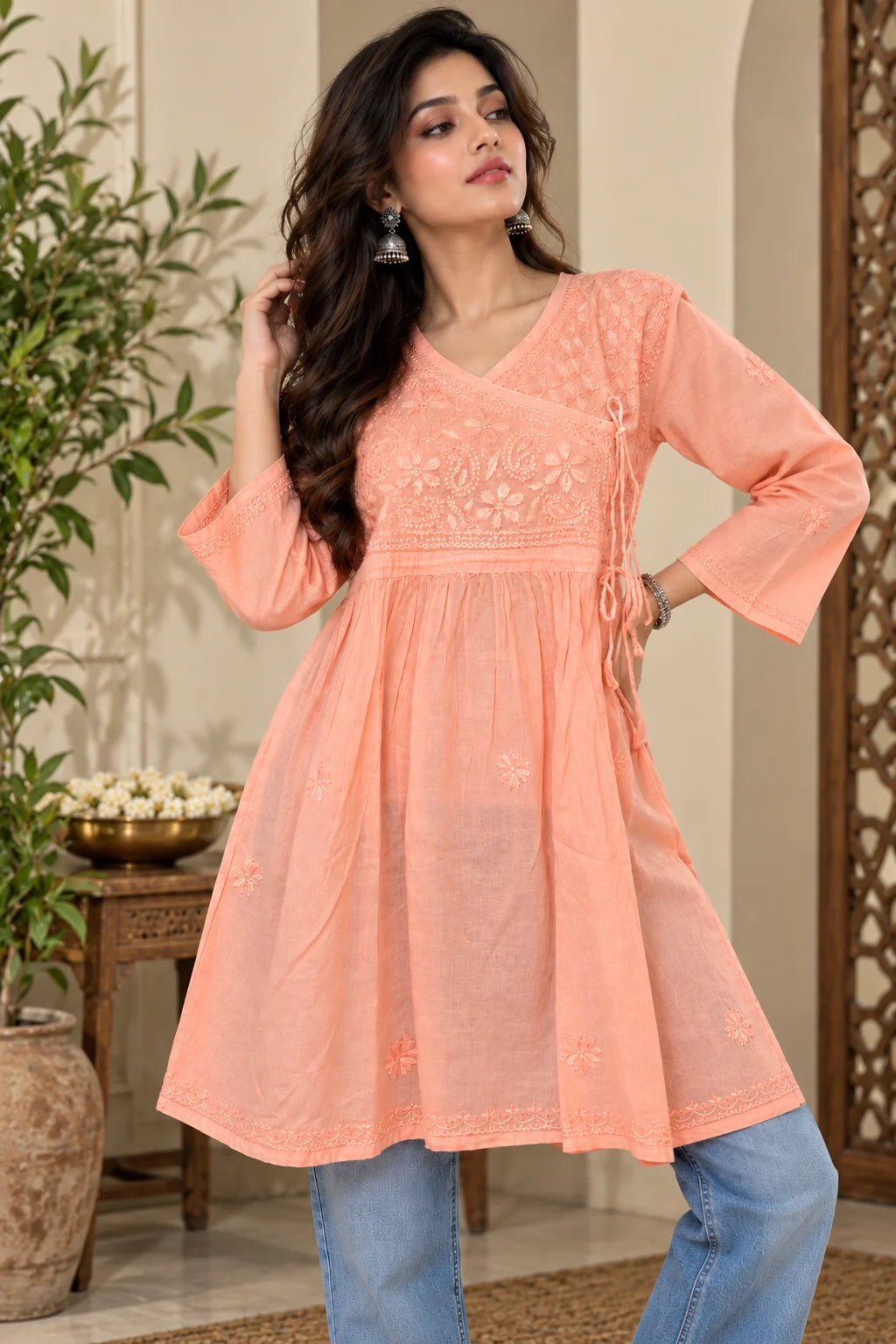 Lucknowi Chikankari Women Peach 'Aarooi' Cotton Angrakha Styled Short Kurti