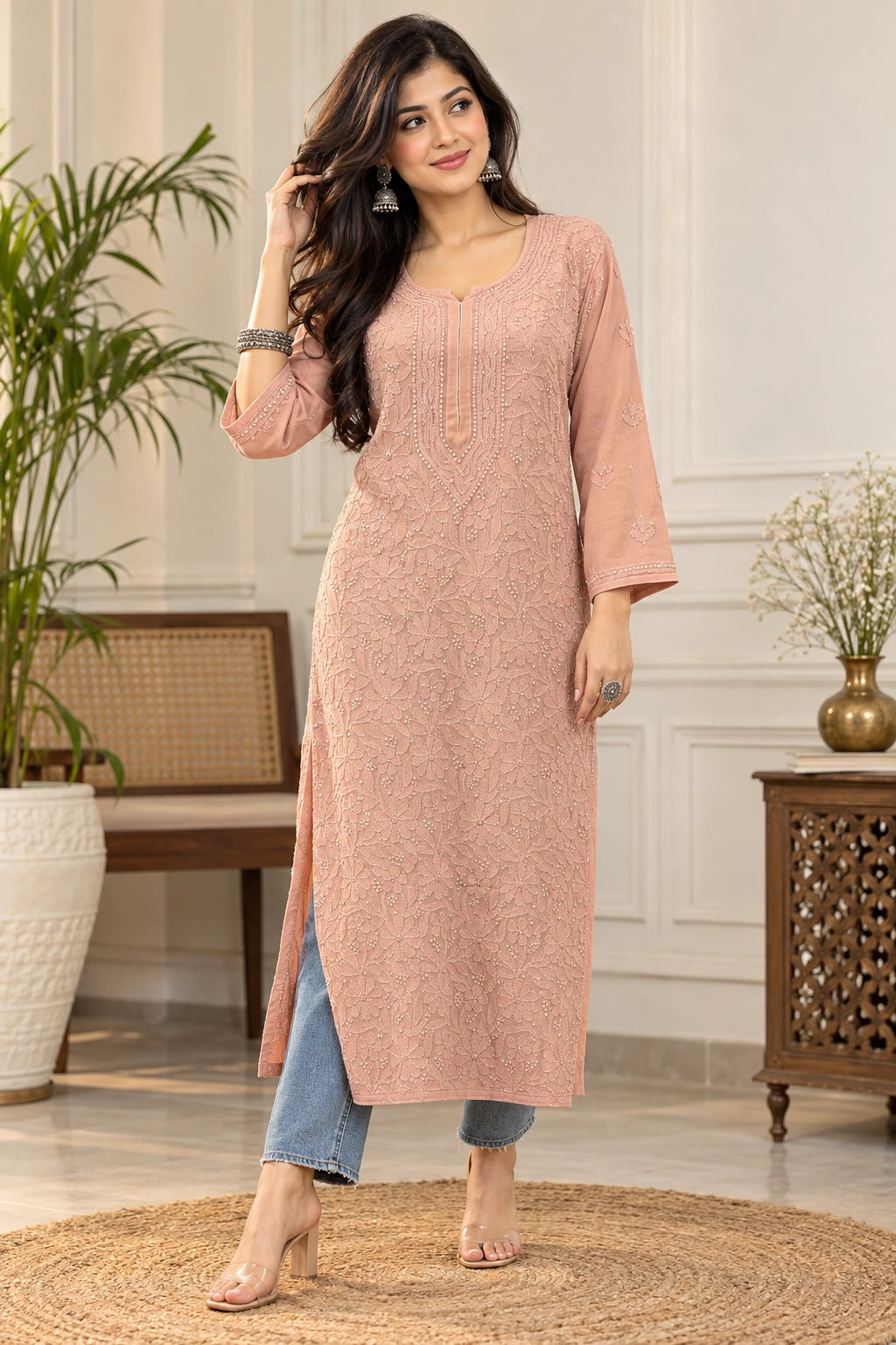 Lucknowi Chikankari Women's Brown 'Rang-e-Mitti' Viscose Kurta
