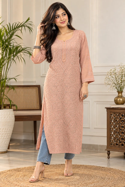 Lucknowi Chikankari Women's Brown 'Rang-e-Mitti' Viscose Kurta