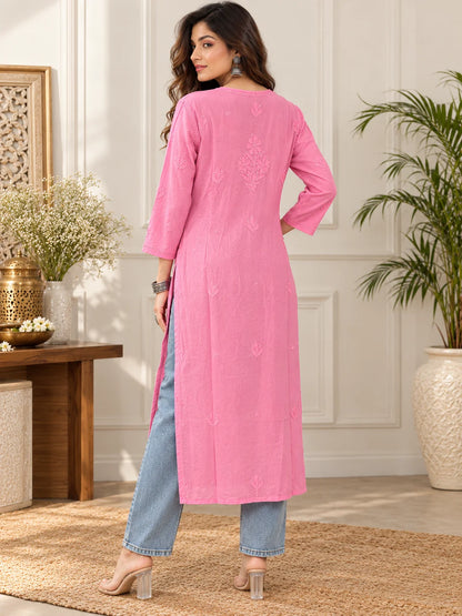 Lucknowi Chikankari Women's Pink 'Shagufta' Viscose Kurta