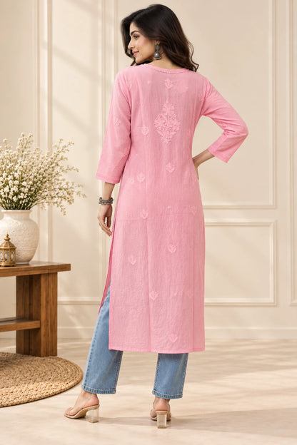Lucknowi Chikankari Women's Coral Pink 'Shagufta' Viscose Kurta