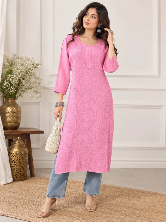 Lucknowi Chikankari Women's Pink 'Shagufta' Viscose Kurta