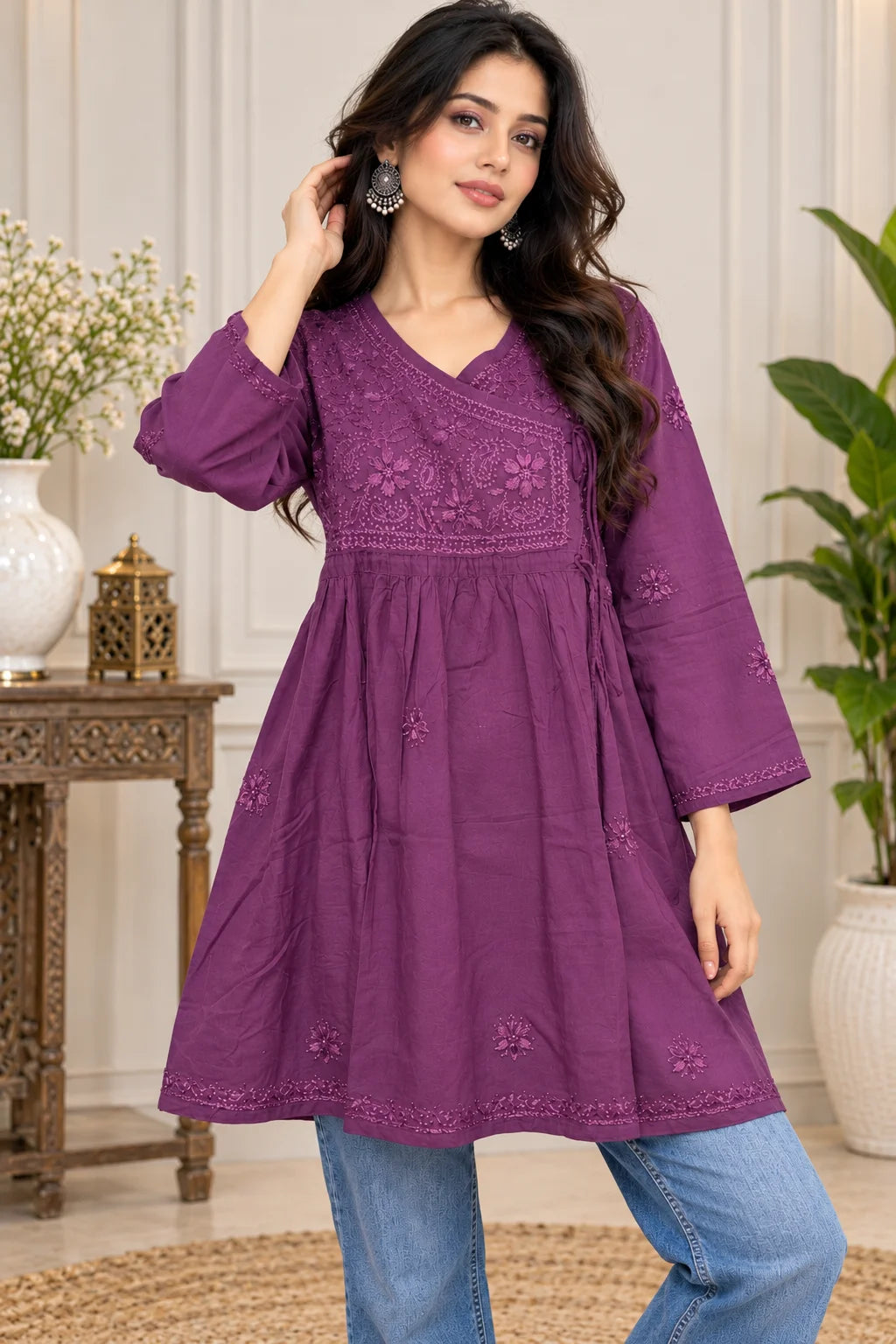 Lucknowi Chikankari Women Mauve 'Jamuni' Cotton Angrakha Styled Short Kurti