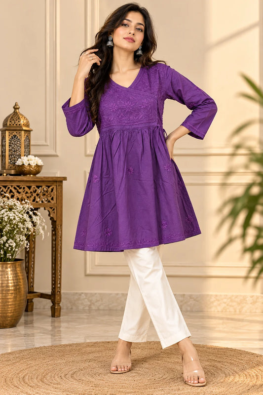 Lucknowi Chikankari Women Purple 'Jamuni' Cotton Angrakha Styled Short Kurti