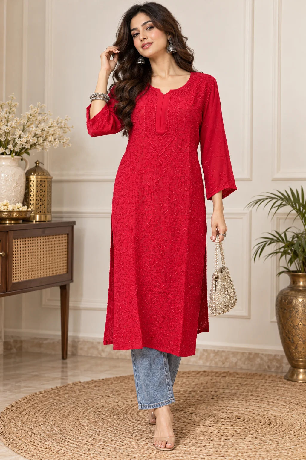 Lucknowi Chikankari Women's Red 'Surkh' Viscose Kurta