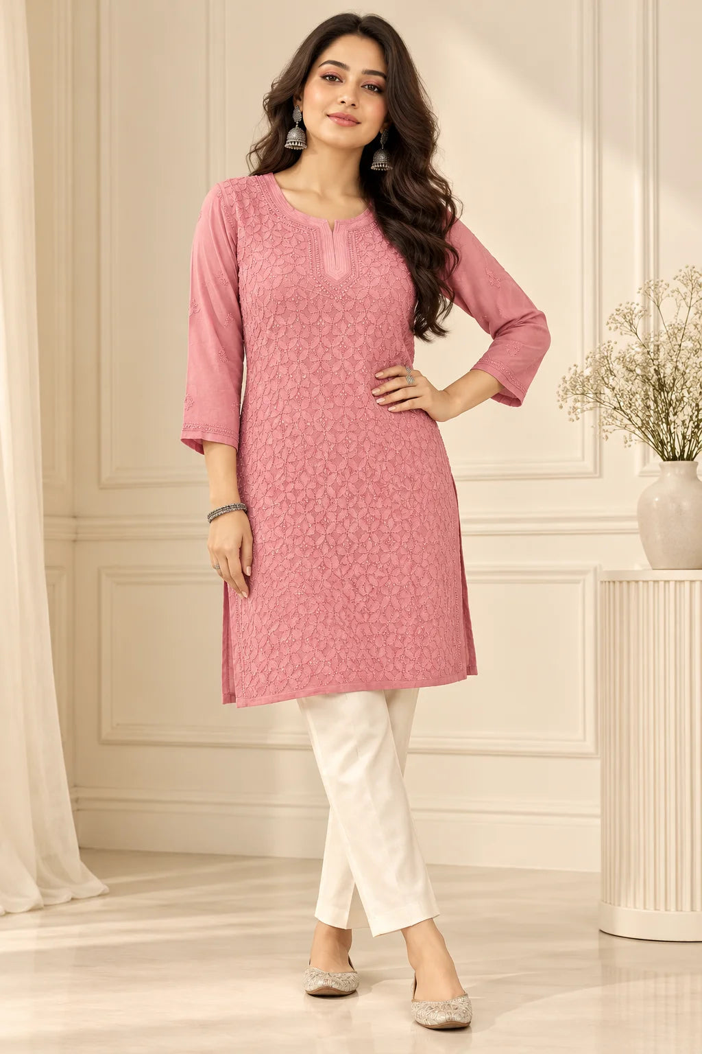 Lucknowi Chikankari Women Peach 'Aarooi' Viscose Short Kurti