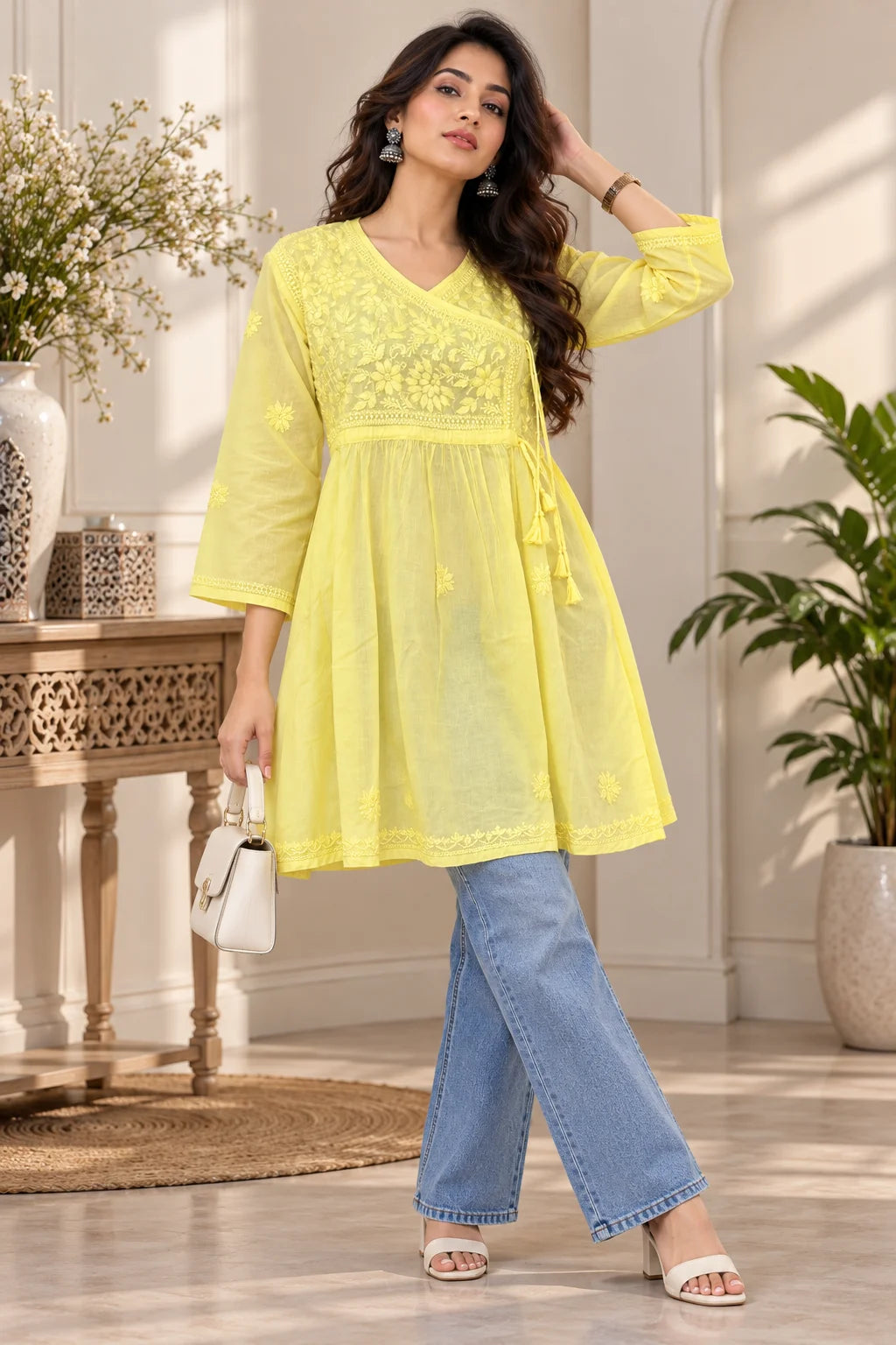 Lucknowi Chikankari Women Yellow 'Sunehri' Cotton Angrakha Styled Short Kurti