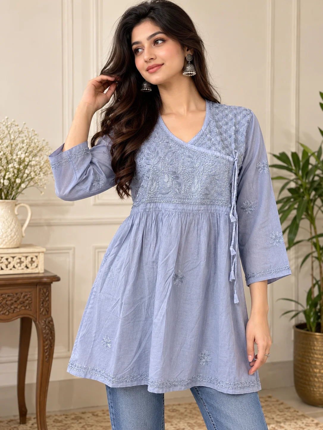 Lucknowi Chikankari Women Grey 'Dhoondhla' Cotton Angrakha Styled Short Kurti