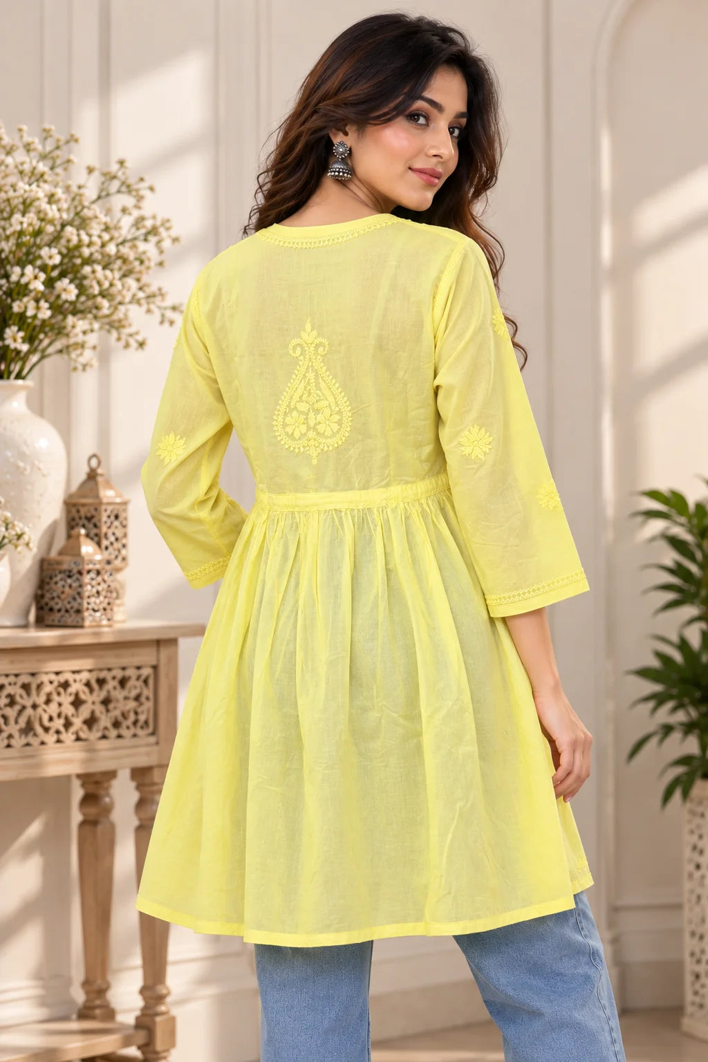 Lucknowi Chikankari Women Yellow 'Sunehri' Cotton Angrakha Styled Short Kurti
