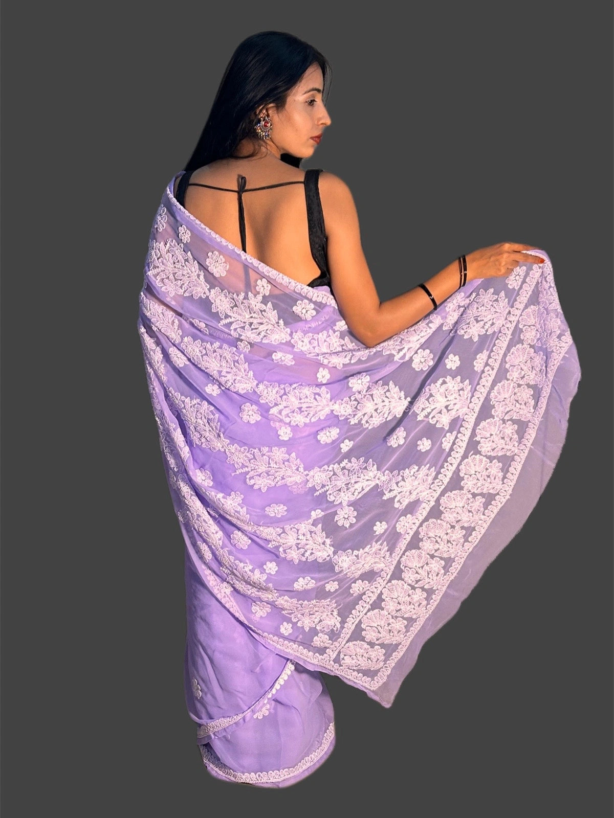 Lucknowi Chikankari Purple Georgette Saree (With Blouse)-S00008