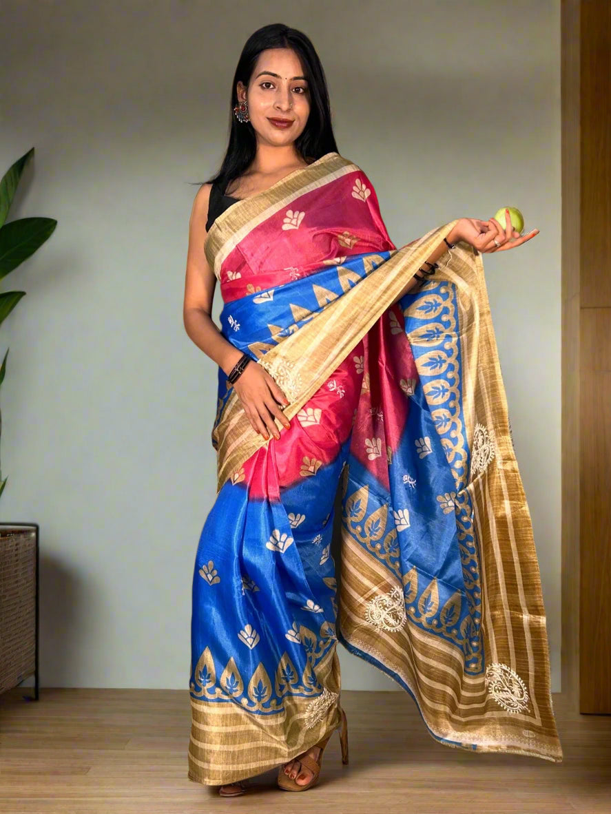 Lucknowi Chikankari Blue Printed Faux Silk Saree-PF100002