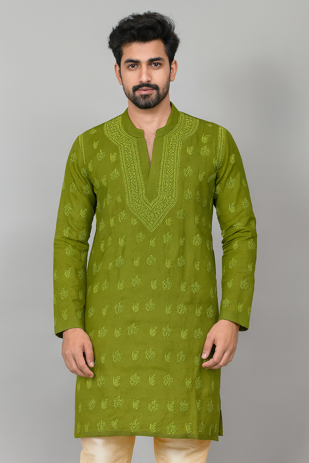 Lucknowi Chikankari Green 'Bahar' Cotton Gents Kurta-GK00002