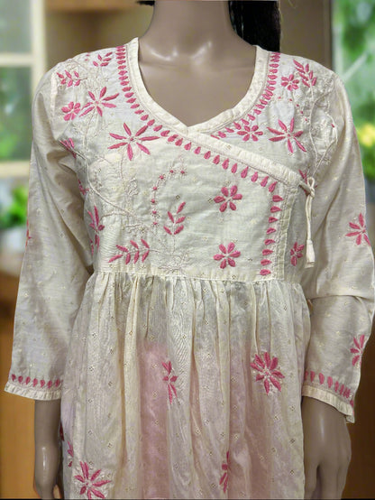 Lucknowi Chikankari Fawn Chanderi Angrakha Styled Short Kurti-T50021