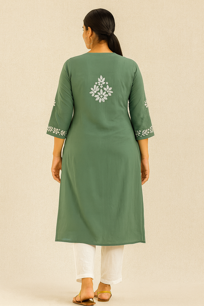 Lucknowi Chikankari Green 'Bahar' Modal Kurti-K000185
