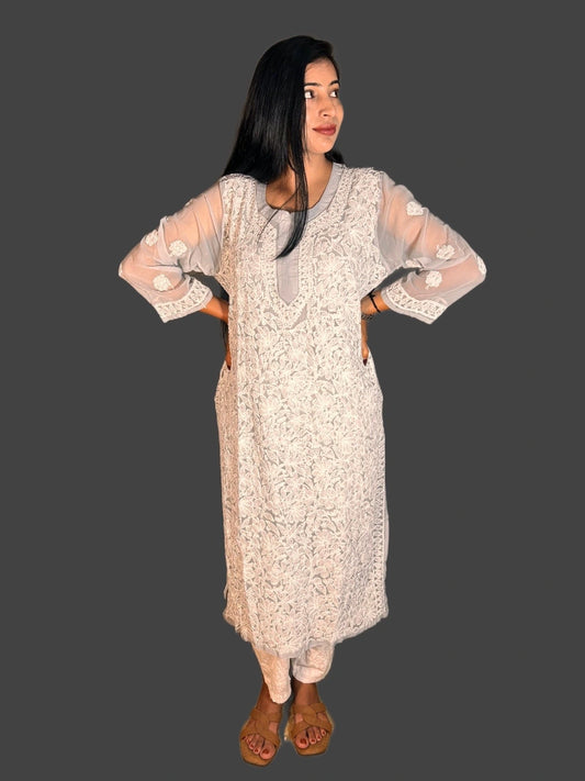 Lucknowi Chikankari Grey Georgette Kurti-K000045