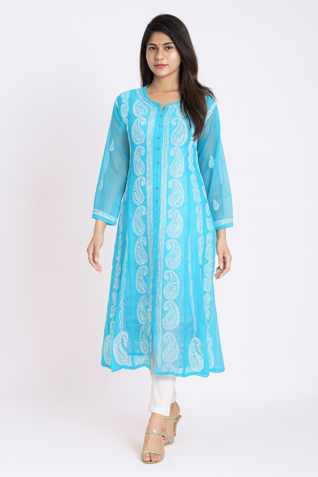 Lucknowi Chikankari Blue 'Aab-e-Asmaan' Georgette Anarkali-K30077