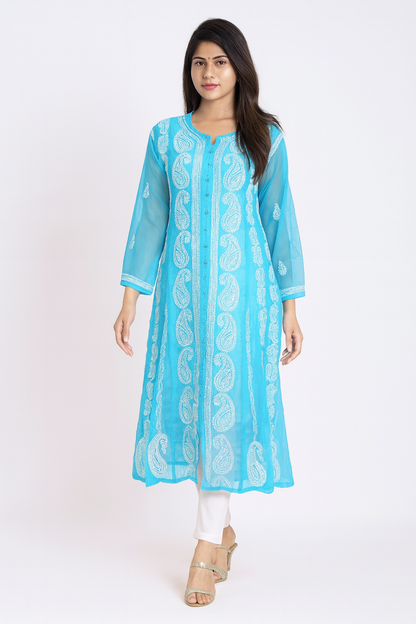 Lucknowi Chikankari Blue 'Aab-e-Asmaan' Georgette Anarkali-K30077