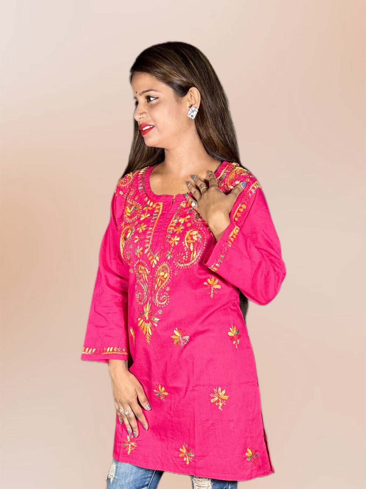 Lucknowi Chikankari Magenta 'Shagufta' Cotton Short Kurti-T000005